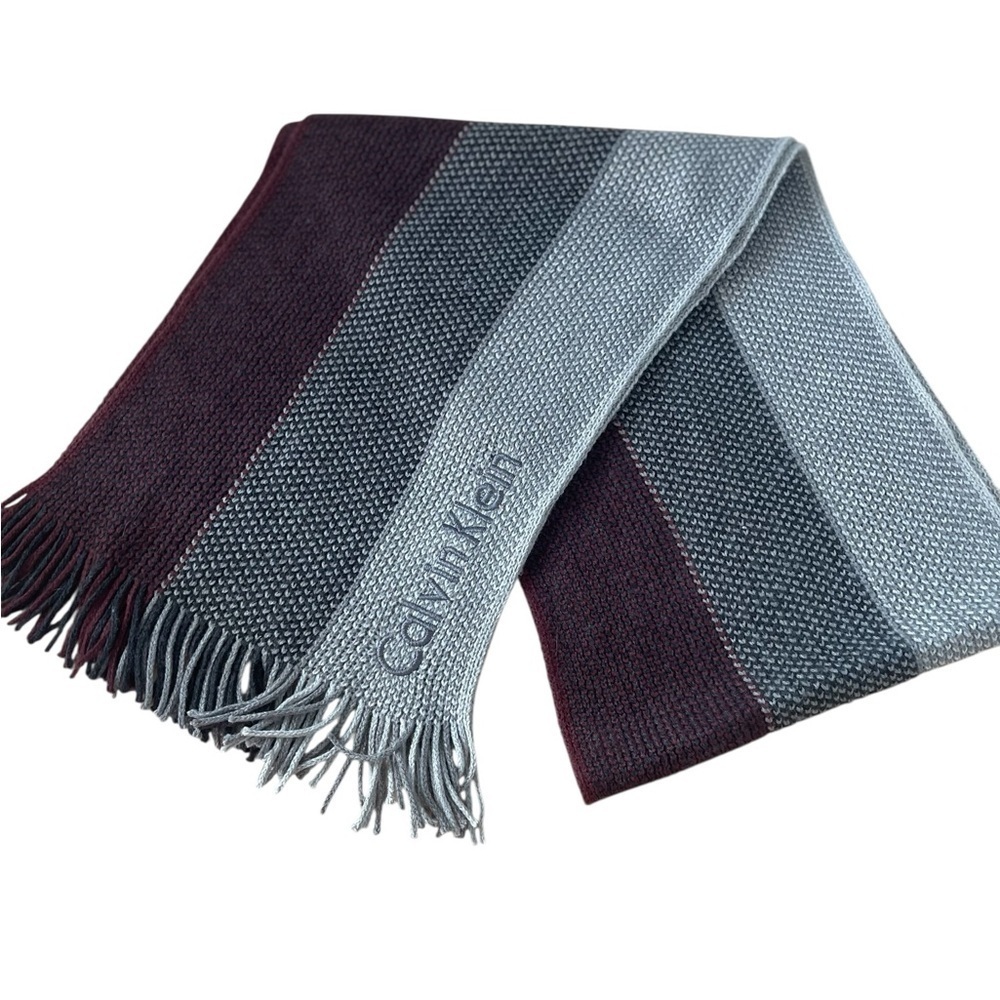 Calvin Klein Mens Knit Gray Burgundy Tonal Ombre Striped Winter Fall Scarf 60”